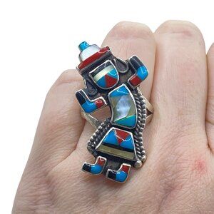 Inlay Zuni Native Sterling Silver Rainbow Man Kachina Ring Size 9.5 Signed PP